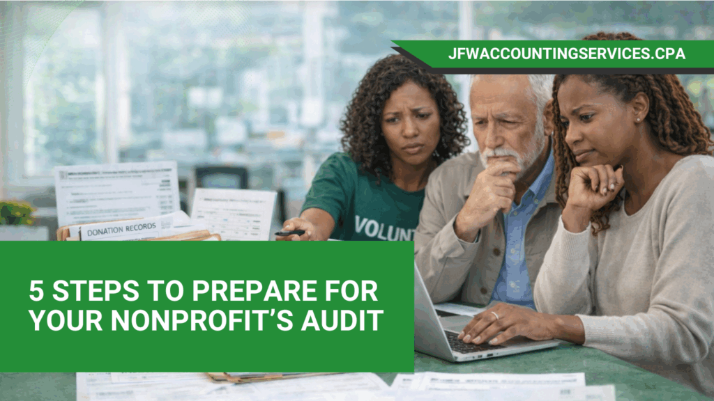 Nonprofit finance team reviewing audit preparation checklist and financial documents at a desk.