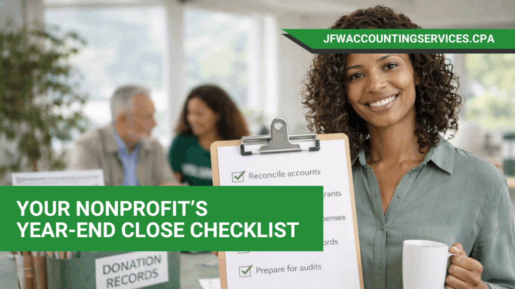 Nonprofit finance team reviewing a year-end accounting checklist